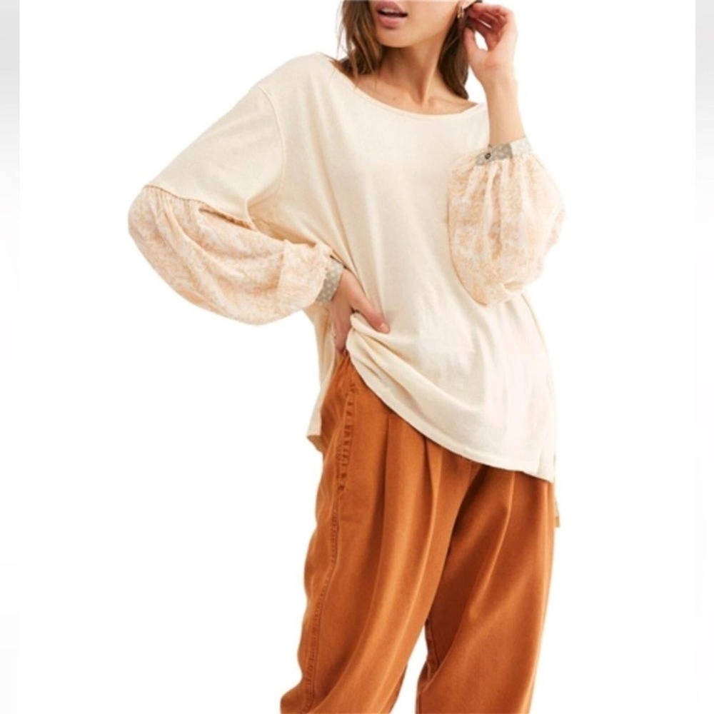 We The Free-Free People Jade Long Balloon Sleeve Pattern Print Top In Cream